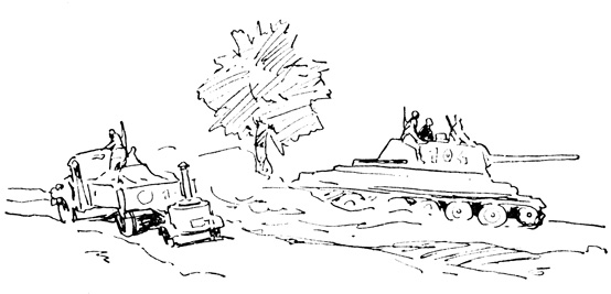 Немец обстреливает дорогу по которой проносится небольшой связной танк и грузовик с походной кухней